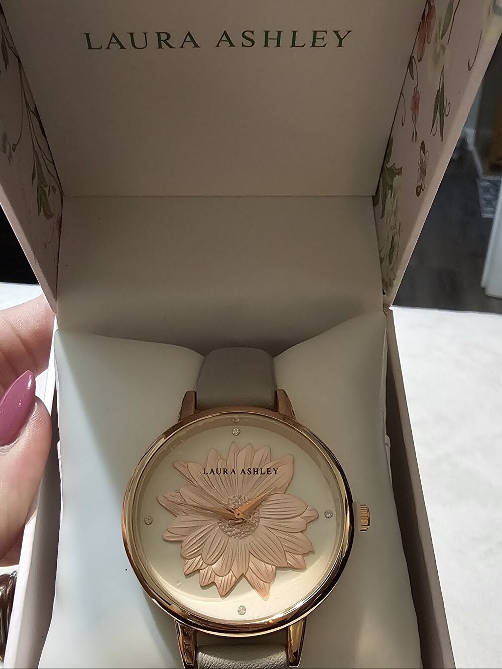 Laura Ashley Rose Gold Floral Dial Watch with Beige Strap